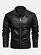 Mens Winter Warm Fleece Lined Long Sleeve Stand Collar Zipper Jacket - Black