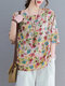 Floral Printed Crew Neck Loose Blouse For Women - Yellow