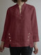 Women Solid Stand Collar Button Design Hem Cotton Blouse - Wine Red