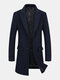 Mens Solid Color Button Up Woolen Business Casual Mid-Length Overcoats - Navy