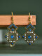 Vintage Hollow Geometric Rhombus Shape Inlaid Colorful Rice Beads Alloy Resin Earrings - Blue
