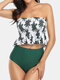 Women Bikini Ruffles Hem Tropical Leaves Print Bandeau High Waist Beach Swimsuits - Green