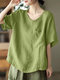 Women Solid Crew Neck Cotton Short Sleeve Loose Blouse - Green