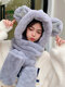 Women Plush Solid Color Cartoon Bear Decorated One-piece Glove Scarf Hat Anti-cold Ear Protection Beanie Hat - Gray