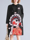 Cartoon Print Doll Collar Pocket Long Sleeve Dress For Women - Black