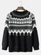 Mens Vintage Geometric Pattern Knit Casual Raglan Sleeve Sweaters - Black