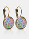 Bronze Glass Round Multicolor Cat Looking Sideways Print Pendant Women Earrings - Bronze