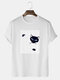 Mens Cartoon Cat Pinstripe Print O-Neck Cotton Cute Short Sleeve T-Shirts - White