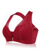 Plus Size Wireless Front Closure Widen Criss Cross Straps Support Back Lace Bras - Wine Red