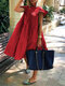 Women Solid Layered Design Ruffle Sleeve Cotton Dress - Red