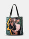 Women PU Leather Abstract Green Figure Pattern Printed Shoulder Bag Handbag Tote - Green