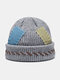 Unisex Knitted Color Contrast Suture Cloth Patch Vintage Warmth Brimless Beanie Hat - Gray