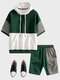 Mens Patchwork Drawstring Waist Hooded Short Sleeve Two Pieces Outfits - Green