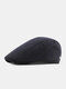 Men Polyester Cotton Solid Color Pleated Stripes Metal Label Casual Beret Flat Cap - Navy