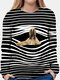 Dog Stripe Print Long Sleeve Casual O-neck T-shirt For Women - Black