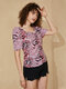 Leopard Print Puff Sleeve Ruches Square Collar Blouse - Pink