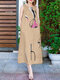 Women Abstract Print Crew Neck Sleeveless Dress With Pocket - Khaki