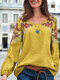 Vintage Embroidery Floral Long Sleeve Casual Blouse - Yellow