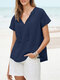 Solid Tassel Knotted V Neck Casual Blouse - Navy