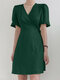 Solid Wrap V-neck Tie Side Short Sleeve A-line Dress - Green