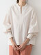 Solid Drop Shoulder Loose Long Sleeve Half Open Collar Blouse - White