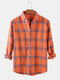 Mens Check Button Up Lapel Collar Casual Relaxed Fit Long Sleeve Shirts - Orange