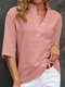 Solid Button Stand Collar Half Sleeve Casual Blouse - Pink