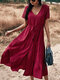 Women Drawstring Solid Color Button Short Sleeve V-neck Bohemian Dress - Wine Red