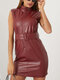 Solid Color Sleeveless Pocket Sexy Dress With Belt For Women - Wine Red