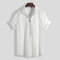 Mens Zipper Turn Down Collar Solid Color Short Sleeve Comfy Loose Henley Shirts - White