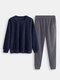 Men Polar Fleece Thick Pajamas Set Plain Thermal Loose Comfortable Loungewear With Pockets - Navy