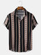 Mens Vintage Geometric Stripe Print Lapel Short Sleeve Shirts - Black