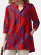 Casual Floral Print Lapel Collar Pocket Loose Women Blouse - Red