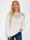Lace Stitch Long Sleeve Crew Neck Sweatshirt For Women - White