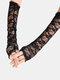 Women Dacron Solid Lace Flowers Sunshade Breathable Long Half-finger Gloves - Black