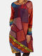 Contrast Color Patchwork Print Long Sleeve Vintage Dress For Women - Red