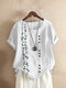 Embroidery Floral Short Sleeve Vintage T-shirt For Women - White