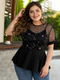 Embroidery  Mesh Patchwork O-neck Plus Size T-shirt for Women - Black