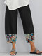 Fish Printed Patchwork Pockets Elastic Waist Pants With Pockets For Women - Black