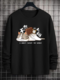 Mens Cartoon Cat Slogan Print Crew Neck Long Sleeve T-Shirts Winter - Black