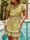 Bohemian Floral Print Short Sleeve Elastic Waist Dress For Women - Yellow