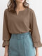 Women Solid Notched Neck Casual Long Sleeve Blouse - Khaki