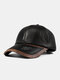 Men Washed Distressed PU Color-match Patchwork Letter Print Casual Sunshade Warmth Baseball Cap - Black