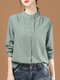Blusa de manga larga con botones delanteros y cuello alto liso - Verde