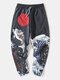 Mens Japanese Style Carp Wave Print Drawstring Pants With Pocket - Black