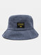 Unisex Corduroy Letters Pattern Patch Simple Fashion Warmth Flat-top Bucket Hat - Navy