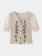 Plants Embroidery V-neck Button Half Sleeve Hollow Women Blouse - Apricot
