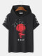 मेन्स रेड सन जापानी प्रिंट शॉर्ट स्लीव ड्रॉस्ट्रिंग हूडेड टी-शर्ट्स - काली