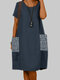 女性スパンコールポケットスプライスコットン半袖ドレス - 青
