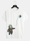 Mens Cartoon Astronaut Cat Print Crew Neck Short Sleeve T-Shirts - White